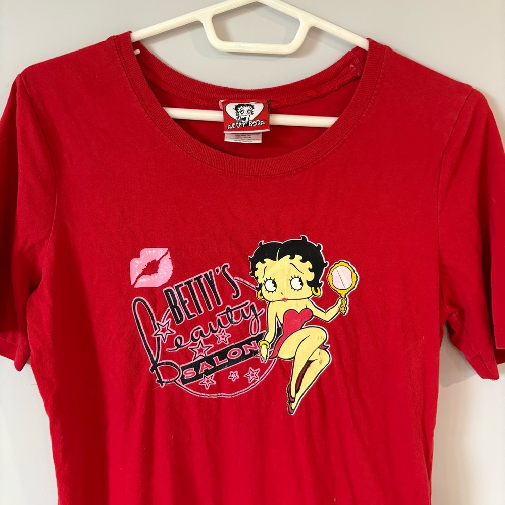 VINTAGE BETTY BOOP Retro Red Short Sleeve Tee Shirt Dress Pink Kiss Graphic - Picture 2 of 12